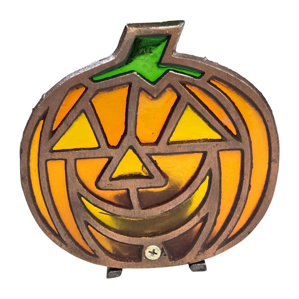 Vintage Taiwan Cast Iron Stained Glass Jack O Lantern Votive Candle Holder